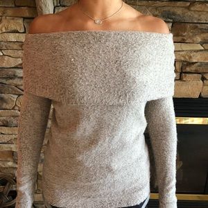 Soft taupe grey off the shoulder shirt